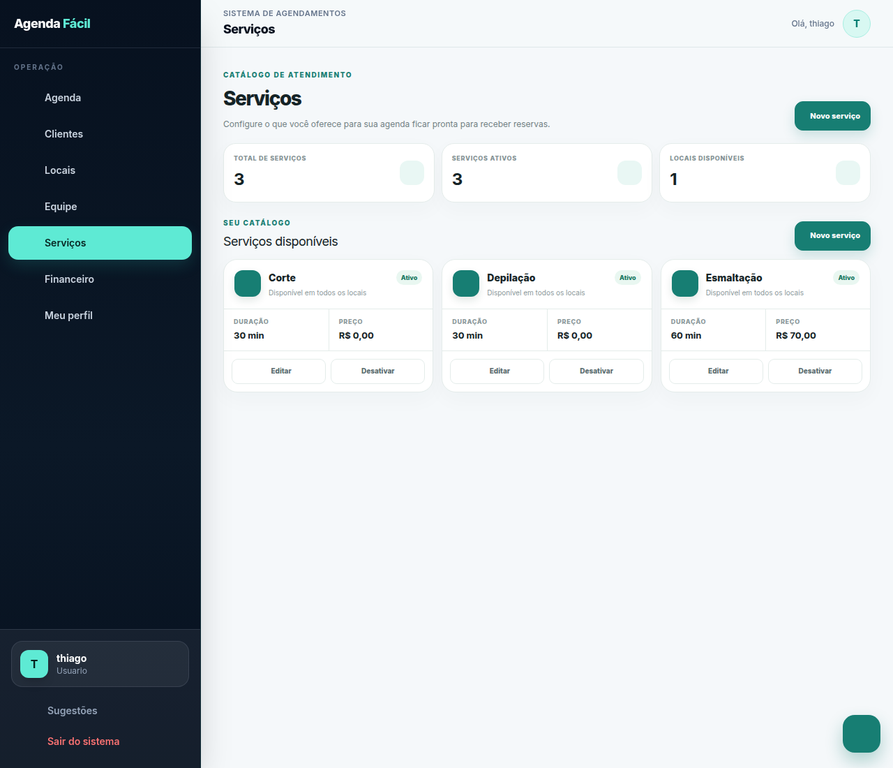 Tela real de serviços da Agenda Completa